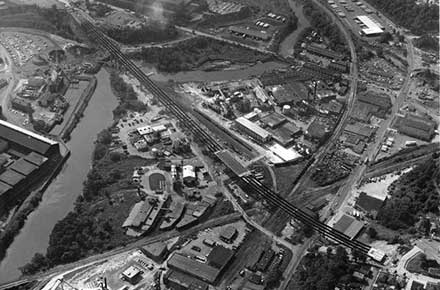 Aerial view of Harvard Denison Bridge with deck installation, 1976