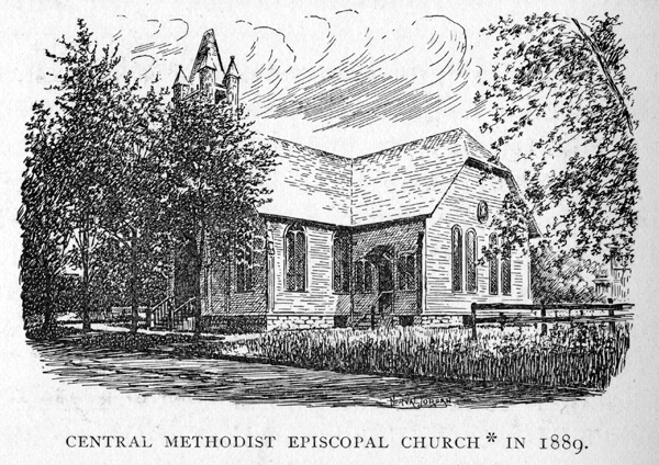 drawing of Cental Methodist Episcopal Church in 1889 (On the site of this church the present handsome Epworth Memorial church was erected in 1893)
