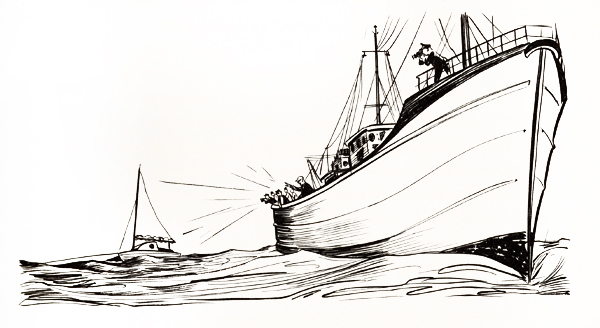 Drawing of trawler with Manry family aboard.