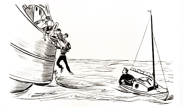 Drawing of Virginia Manry being pulled aboard trawler