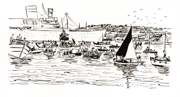 Drawing of Tinkerbelle entering Falmouth harbor