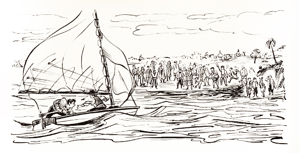 Drawing of Robert and John Manry sailing in India.