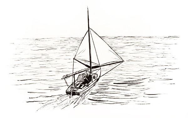 Drawing of Robert Manry aboard Tinkerbelle during calm.
