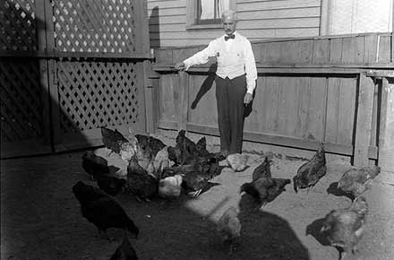 Dudley S. Humphrey II feeding his chickens