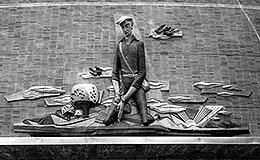 Early Settler (aka Johnny Appleseed) sculpture by Viktor Schreckengost at the Lakewood Civic Auditorium.