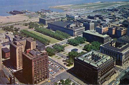 Cleveland's Mall is flanked by public buildings and business structures.