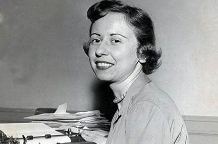 Betty Klaric at typewriter, 1958.