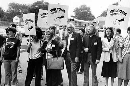 Welcoming Committee at John Marshall on first day of crosstown busing, 1979.