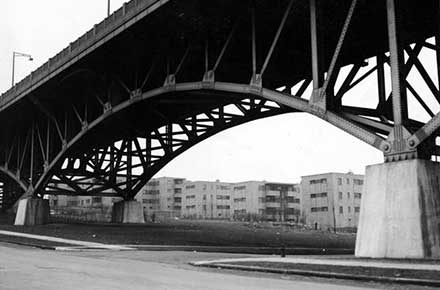 Main Avenue Bridge with Lakeview Terrace public housing project in the background.