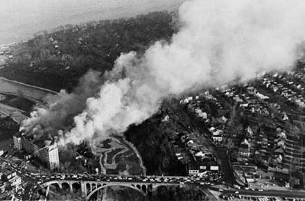Aerial view of Westlake Hotel fire, 1962.