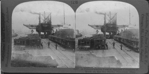 A Comprehensive View of Smaller Unloaders at Work on the Ore Docks, Conneaut, Ohio.