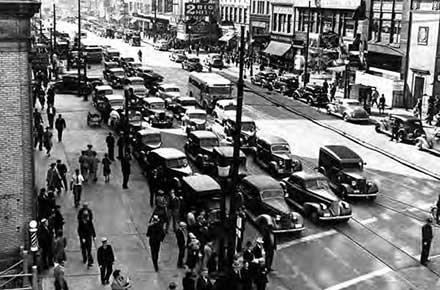 Traffic on Main Street in downtown Akron, Ohio in 1941