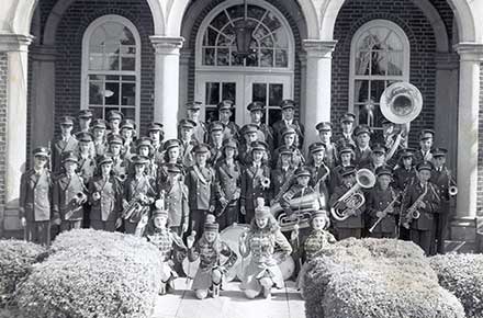 Avon Lake High School Band in front of Avon Lake High School, 1945-50?