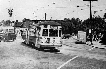 Streetcar at Mayfield and Coventry roads in Cleveland Hts, ca. 1940