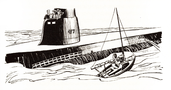 Drawing of Manry with submarine.