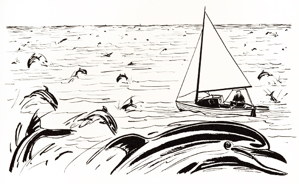Drawing of dolphins at sea.