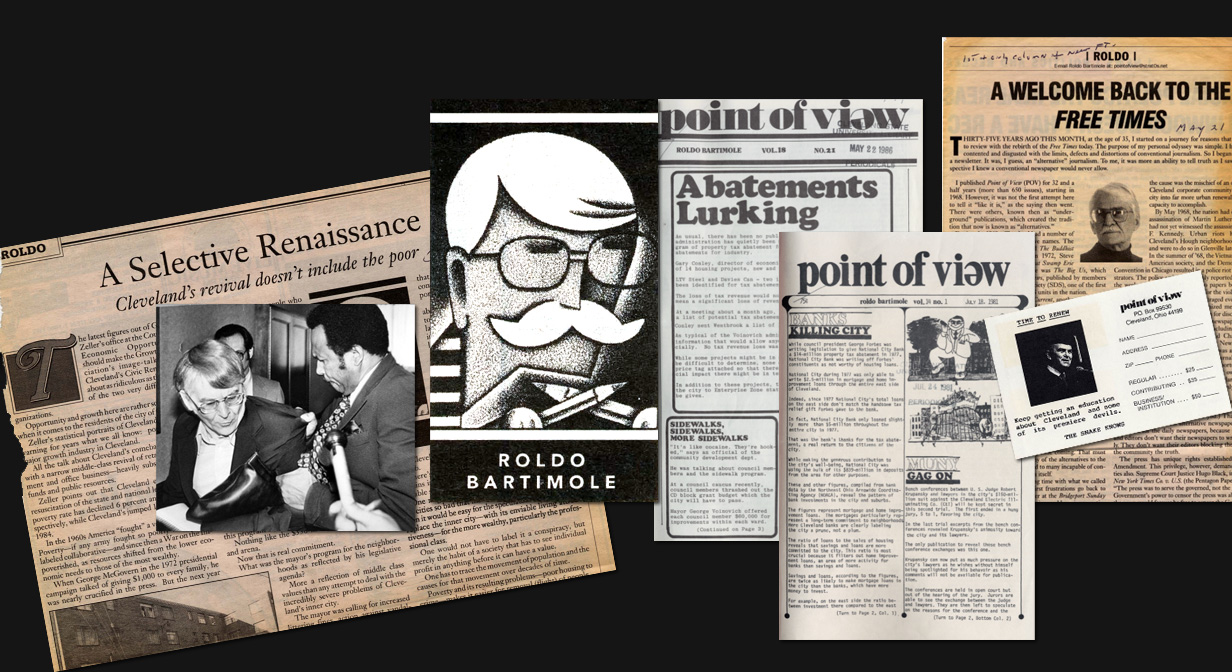 Collage of phtos and clippings of Roldo Bartimole's columns and newsletter.