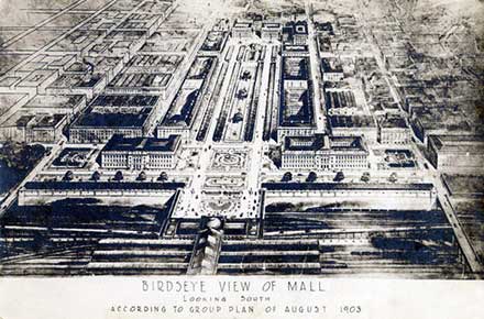 Birdseye view of Mall looking south according to Group Plan, 1903