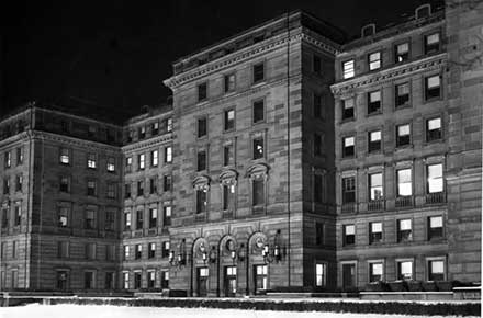 Facade of the Board of Education Building at night, 1962.