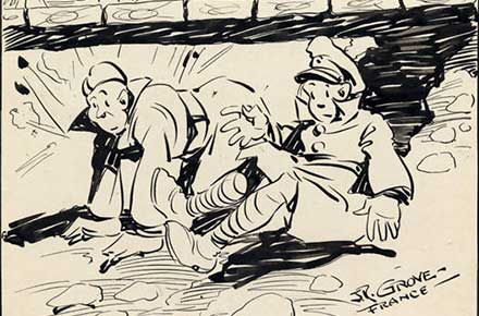 Roy Grove WWI cartoon depicting two soldiers under a bridge in France