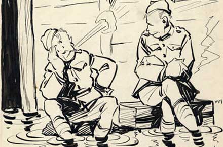 Roy Grove WWI cartoon of two soldiers sitting with their feet in water.