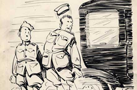 Roy Grove WWI cartoon of two soldiers nearly being hit by a car.