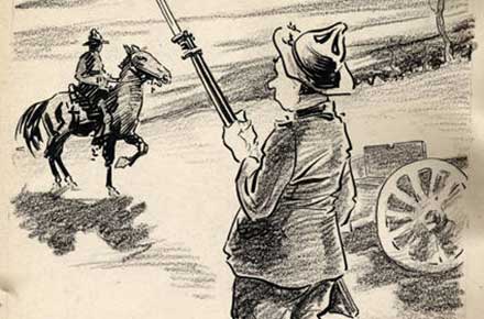 Roy Grove WWI cartoon of a soldier with a rifle and bayonet and a soldier on horseback.