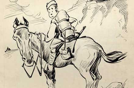 Roy Grove WWI cartoon of a soldier on a horse in France.