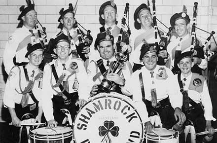 St. Patrick Church Shamrock Pipe band posed for photo, 1957.