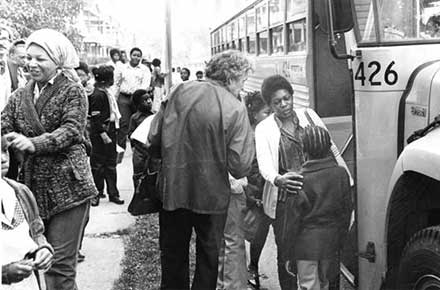 School children on the first day of busing, 1979.