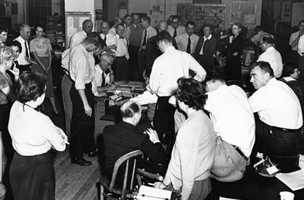 Cleveland Press City Room waits for verdict in Sam Sheppard murder case, 1954.